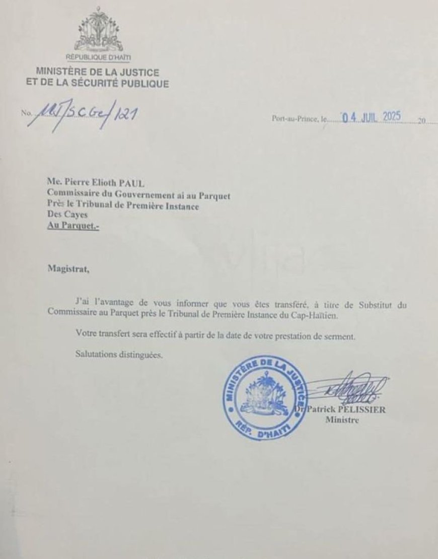 Haïti-Justice : le Commissaire du gouvernement des Cayes transféré au Cap-Haïtien
