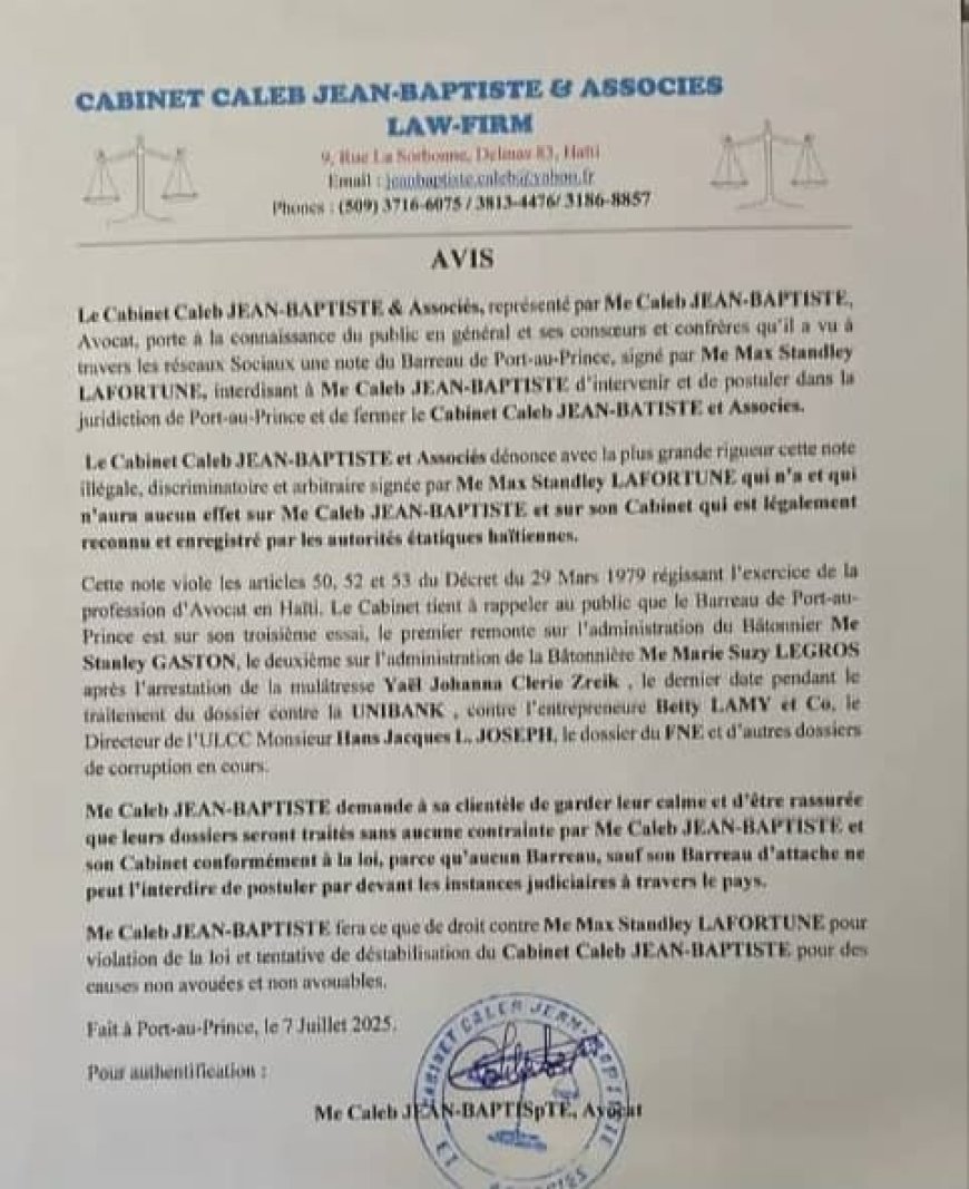 Me Caleb Jean-Baptiste réagit après l'interdiction du Barreau de Port-au-Prince